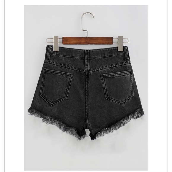 Black Bleach Destroyed Mid Waist Shorts - Picture 2 of 4